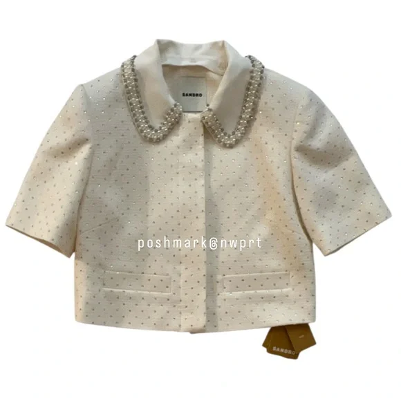 NWT 💯 SANDRO Paris Lahavane Rhinestone Crop Blazer Jacket Blouse Top 34 0 XS - Picture 4 of 13